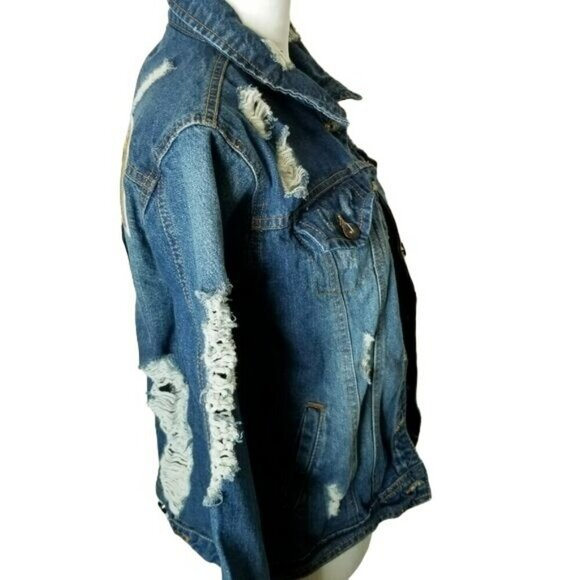 Blue Age denim jacket rainbow alien Jeans distressed Hippie boho Burning Man S/M - Picture 4 of 12